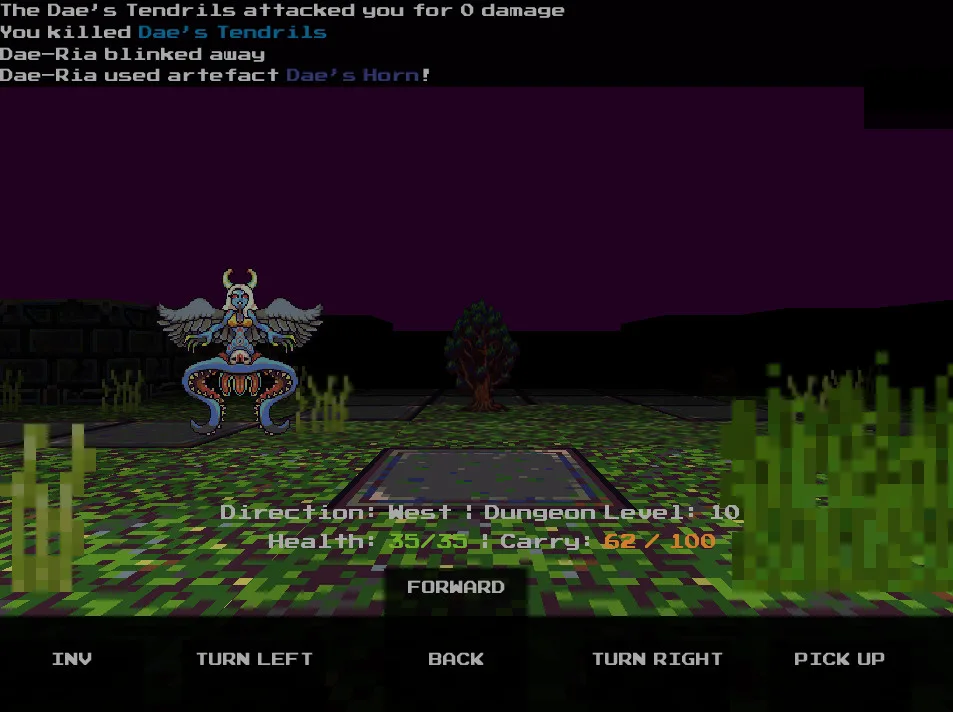 A winged enemy stands in a pixel-art courtyard in Ebony Spire: Heresy.