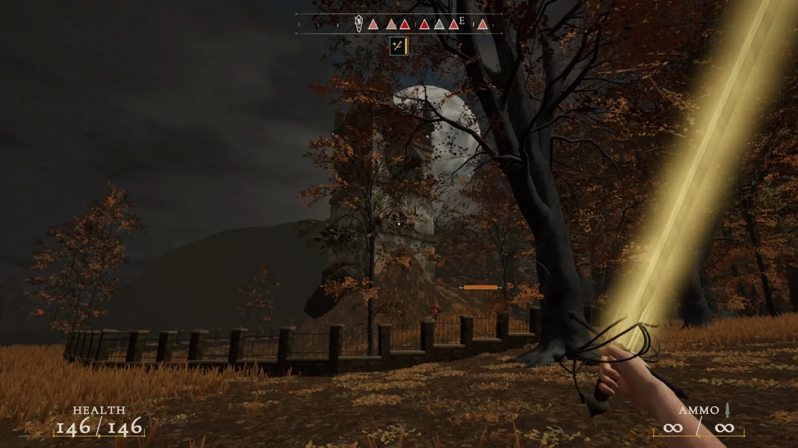A glowing sword overlooks an autumn landscape and old windmill in Night Cart.